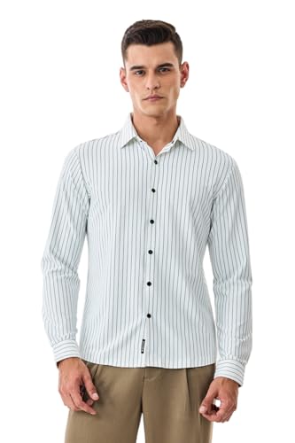 Image of SNITCH Men Casual Plus Size Shirt | Regular Fit Full Sleeve Mandarin Collar Striped Design | Premium Cotton Linen Blend & Breathable Fabric for Office & Everyday Wear