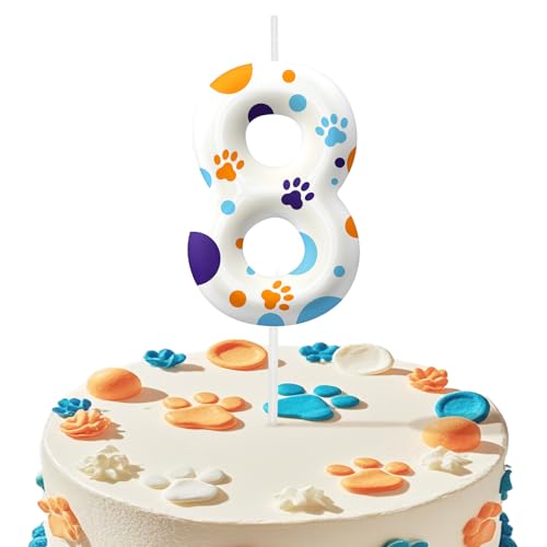 Blue Dog Paw 8th Birthday Candle, Birthday Party Cake Decorations, Number 8 Candles Cake Topper, Dog Lovers Themed for Boys Girls Party Supplies