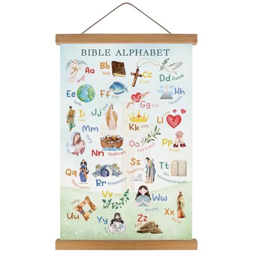 KAIRNE Bible Alphabet Art Print With Wood Magnetic Poster Hanger,Christian ABC Hanging Pictures Bible Verses Poster(28X45CM) School ABC Scripture Educational Canvas Painting For Kids classroom Decor