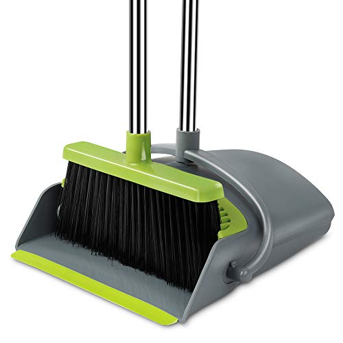 Been5le Extendable Broom and Dustpan Set, Self-Cleaning with Dust Pan Teeth, Long Handle Broom and Dustpan Combo, Upright Broom Set for Home Kitchen Room Office Lobby Floor Use (Gray &Green)