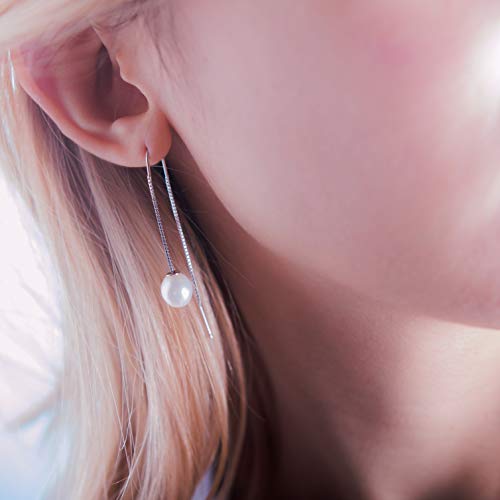 MOLAH 925 Sterling Silver Genuine Cultured Freshwater Pearl 8-8.5mm Threader Earrings Rhodium Plated2