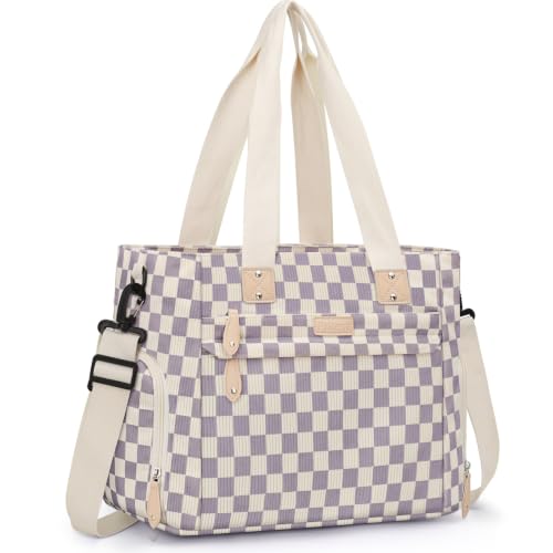 Image of Pritent Diaper Bag Tote for Working Mom, Large Travel Diaper Tote for Mom and Dad with 14 Inch Laptop Sleeve, Mommy Maternity Travel Baby Bag for Boys and Girls, Checkered Purple