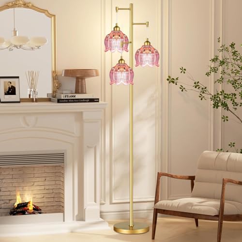 Image of ILLMTW Glass Floor Lamp for Living Room,Bedroom,Gold Flower Mid Century Modern Standing Lamp Brass Tree 3 Light Tall Floor Lamps Vintage Floor Lights Pink Lamp Shade Farmhouse Boho Bohemian