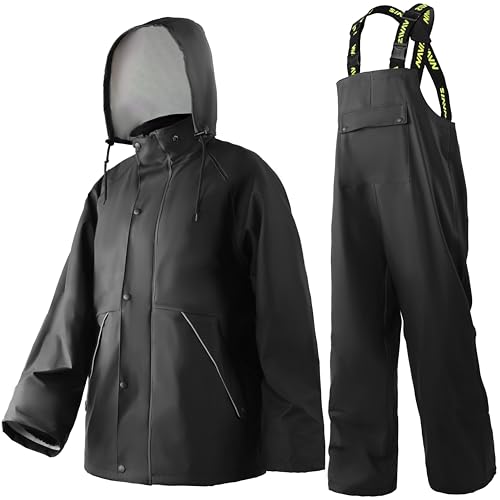 Mens PRO Workwear Waterproof 3-Piece Rain Suit Heavy Duty Jacket Hood & Bib Pants for Construction Work(Black L)