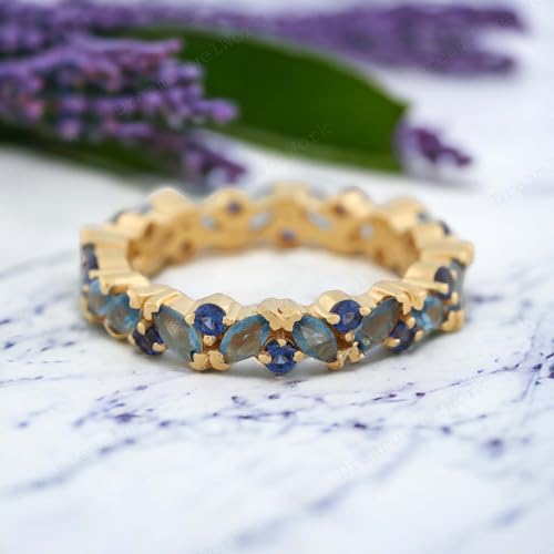 Aquamarine Wedding Band Vintage Topaz Full Eternity Classic Ban Women Matching Stackable Band Personalized Jewelry Gift For Love, Blue2