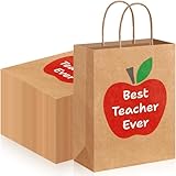 Kolldenn 48 Pcs Teacher Appreciation Gift Bags Bulk Best Teacher Ever Apple Paper Bags with Handle Kraft Teachers Appreciation Gift Bag for Thank You Party Graduation Decoration