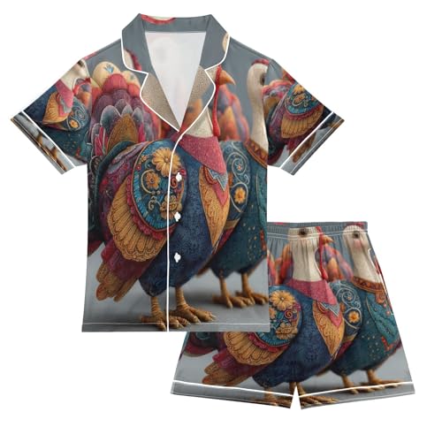Satin Pajama Sets Short Sleeve Colorful Feathers Turkeys Button Down Silky Nightwear 2 Piece PJS 5-14Y
