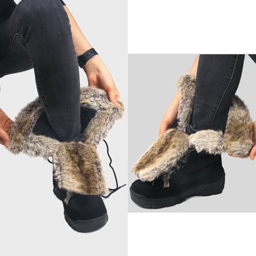 Image of AUSLAND Women's Black Winter Snow Boots Twin Peaks Fur Cuff Mid-Calf Waterproof Lace Up Boots