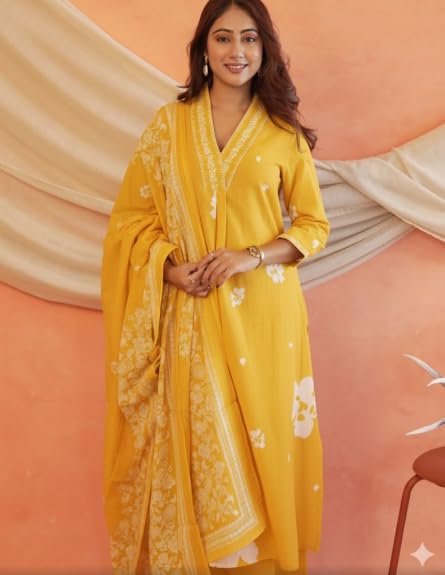 Image of Women's Mulmul Cotton Kurti with Pant and Dupatta