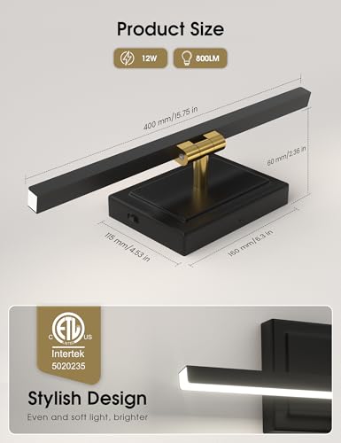 Image of VOLISUN Modern Bathroom Vanity Light 15.7 inch, Rotatable, 12W Dimmable 5CCT Led Bathroom Light Fixture Over Mirror, Black Gold Bar Vanity Light for Bathroom Mirror Restroom-ETL Certificated