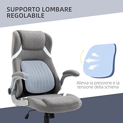 Sedia da Ufficio Ergonomica con Braccioli Ribaltabili e Poggiatesta, Sedia Scrivania Girevole con Supporto Lombare, Altezza Regolabile e Funzione Dondolo in Tessuto per Studio, Grigio - Sedia gaming - Immagine 5