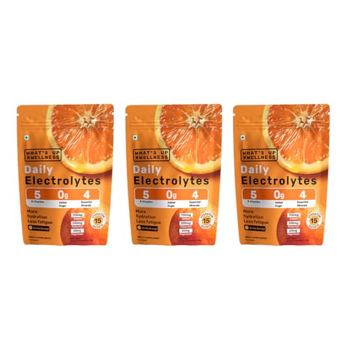 Image of What's Up Wellness Daily Electrolytes - Zesty Orange Flavour | Zero Added Sugar | Instant Hydration - Sodium, Potassium, Magnesium & Zinc | Vegan - 45 Sachets | Pack of 3