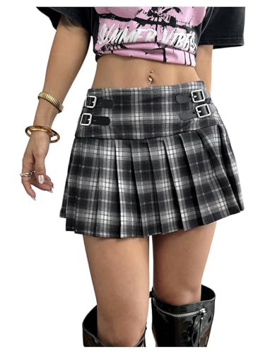WDIRARA Women's Plaid Pleated Mini Skirt Y2k Low Rise Buckle A Line Skirts