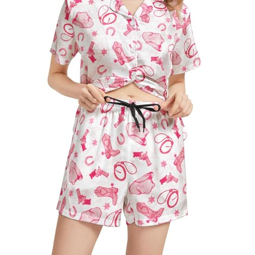 Image of Funny Satin Pajamas Set for Women Button Down Sleepwear Print Pjs Set 2 Piece Short Sleeve Loungewear Gift for Women