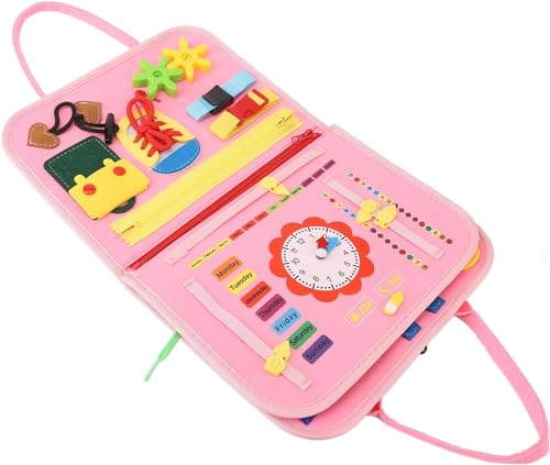 Image of Toddlers Busy Board, Sensory Boards for Autism Toys, Interactive Educational Toys 2+ Years Old Girls Boys Learn to Dress, Fine Motor Skills Travel Toys for Airplane or Car (Sea Creature Pink)
