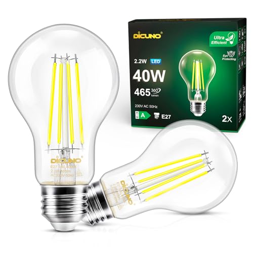 DiCUNO Edison Light E27 Edison Screw Bulb 2.2W (40W Equivalent), Clear Filament Bulb A60, Energy Efficient A Class LED, 4000K, 465LM, Non-dimmable, 2 Pcs
