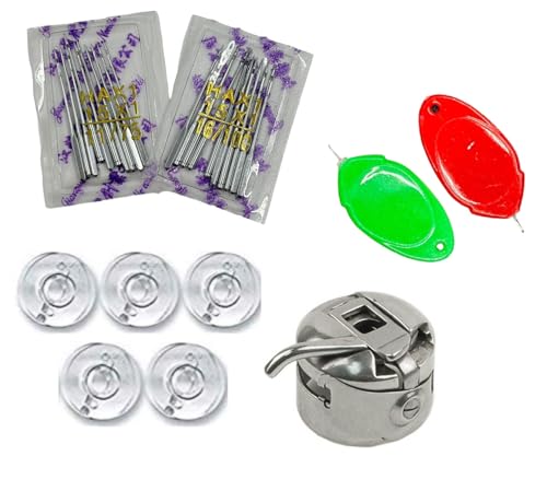 Image of ZENITH Combo of HA Size (11 /75 & 16 /100) Sewing machine Needles (10 pc Needles each) and 5pc Plastic Bobbins 1 Bobbin case & 2pc Needle Threader for Home Sewing machines like Usha Janome, SINGER, BROTHER