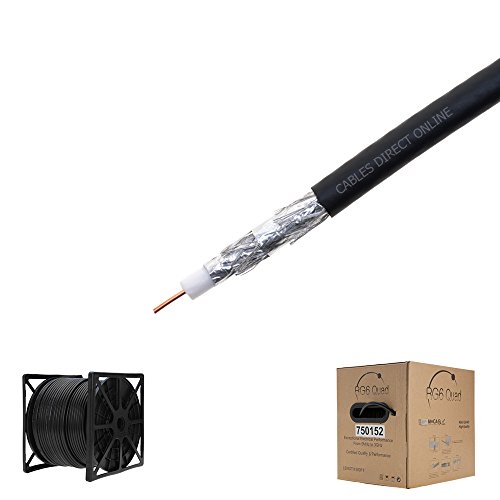 Cables Direct Online 1000ft Black RG6 Quad Shielded Coax Cable Satellite TV Coaxial Wire, 18 AWG Copper Clad Steel Conductor, Foam PE Core, 60% Aluminum Braid, PVC Jacket, Reel in Box
