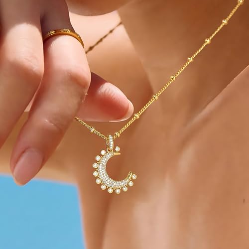 Fettero Dainty Necklaces for Women - 14K Gold Plated Delicate Moon Crescent Pendant Necklace Charm Gold Necklace Jewelry for Women