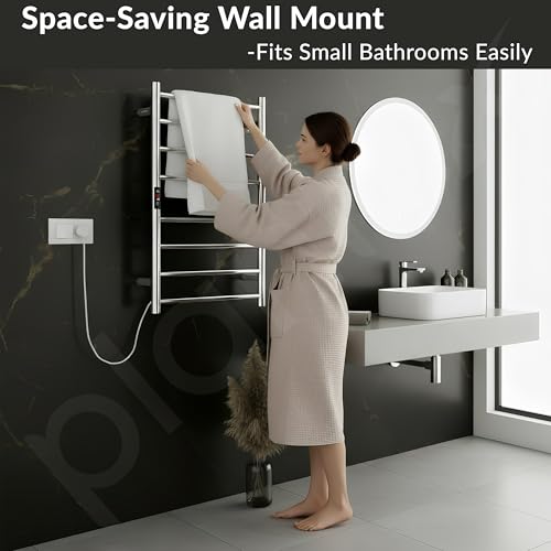 Image of Plantex 304 Grade Stainless Steel Electric Heated Towel Rack for Bathroom /8-Bar Wall Mounted Towel Warmer /Towel Rail /Fast Heating & Rust Proof - Pack of 1 (Chrome, 800 X 500 Watt)