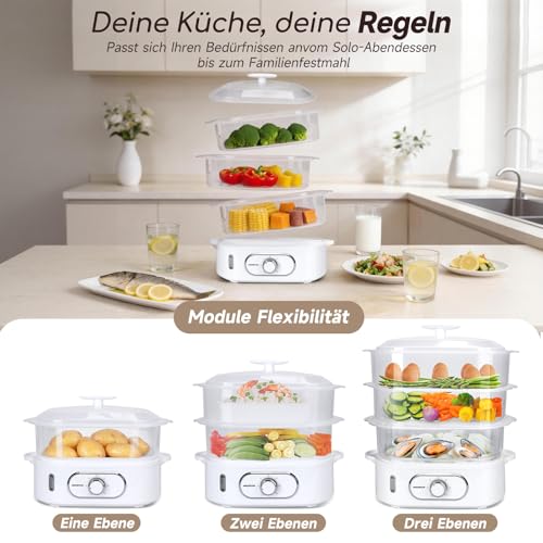 Foto von Aigostar Dampfgarer Elektrisch 12L, Dampfkocher mit 3 Behältern 900W, Weiß