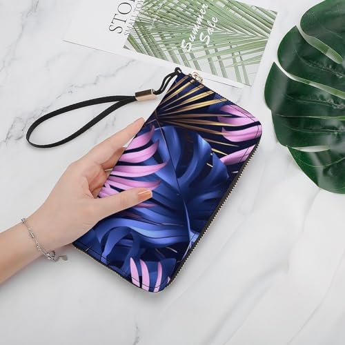Monstera Palm Tree Leaves Blue Pink PU Leather Clutch Long Bifold Wallet, Coin Purse Credit Pass Case, Durable Card-Holder Money Storage for Women Men4