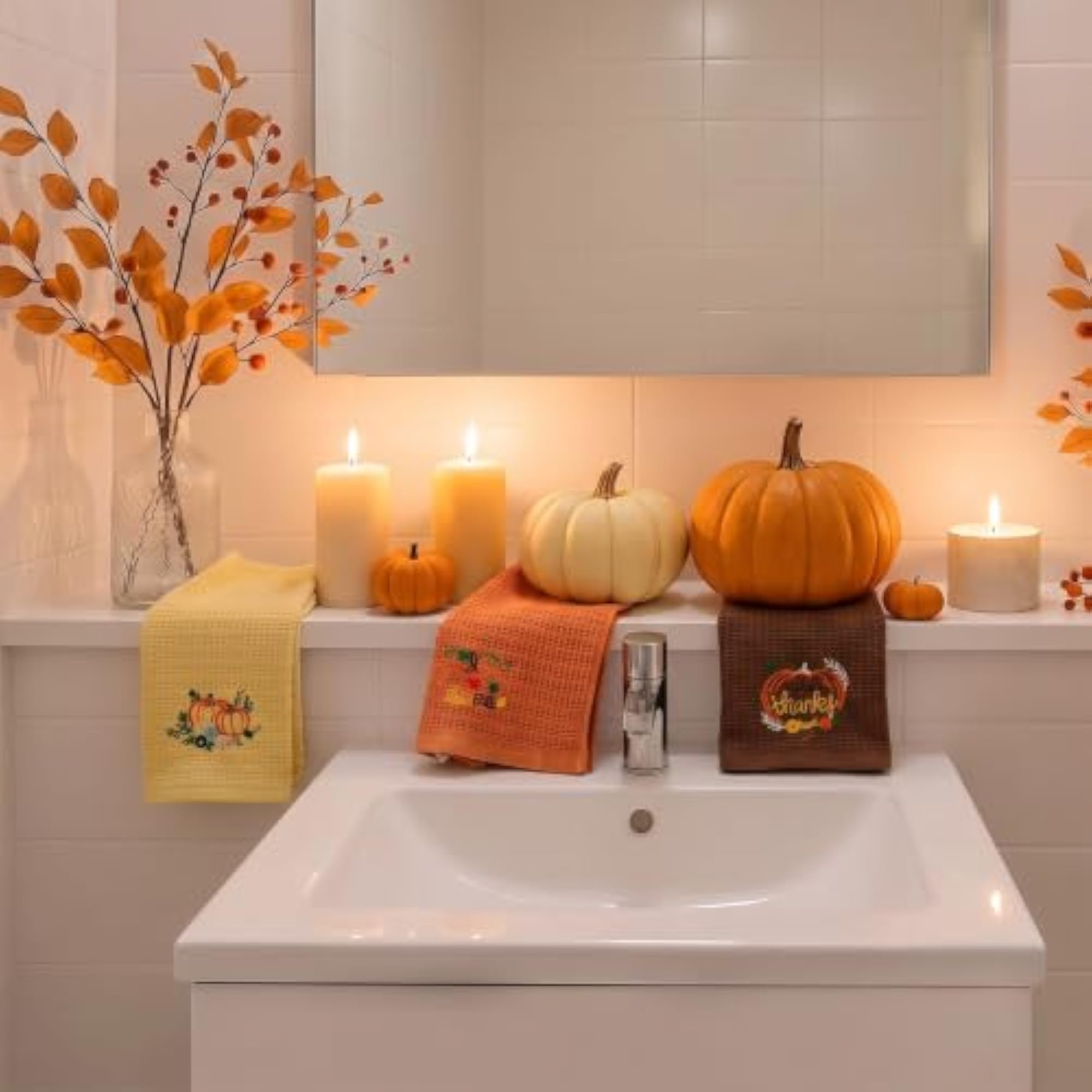 3 Pcs Hello Fall Pumpkin Waffle Hand Towels for Bathroom