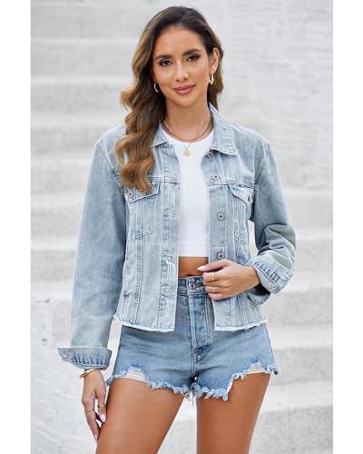 LookbookStore Jean Jackets for Women Trendy Button Down Denim Trucker Jackets Long Sleeves Frayed Hem Shacket Jacket4