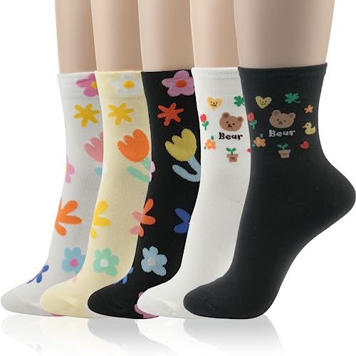 Kikiya Socks 4 Pairs of Women's Graphic Design Crew Socks Snowman Tree - Christmas Unique Holiday Festive Winter Cozy Cute Art Funny Cool Soft Warm Ladies Graphic Print Fun Fashion Stylish