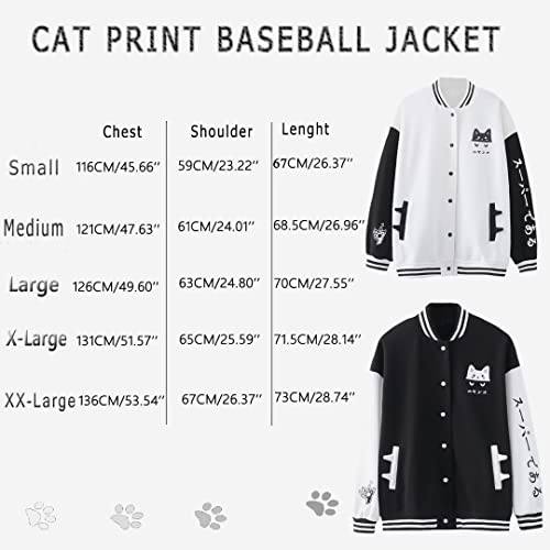Cute Cat Baseball Jacket Hoodie Long Sleeve Casual Sweatshirt Oversized Kawaii Print Pullover Aesthetic Coat For Girl Black #TOP6