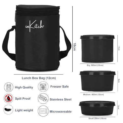 Image of Microwave Safe Lunch Box Set with Bag, 3 Containers (250 /400 /500 ml), Black | Outer Plastic & Inner Stainless Steel Tiffin Box | Leakproof Lunch Boxes