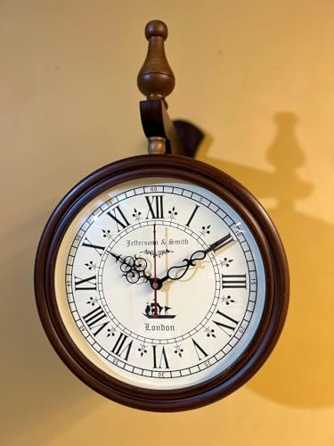 Image of Vintage Double-Sided Wall Clock, Antique Victorian Hanging Clock with Bracket, Silent Quartz Movement, Roman Numerals, Rustic Farmhouse Decor for Home & Office (Brown)
