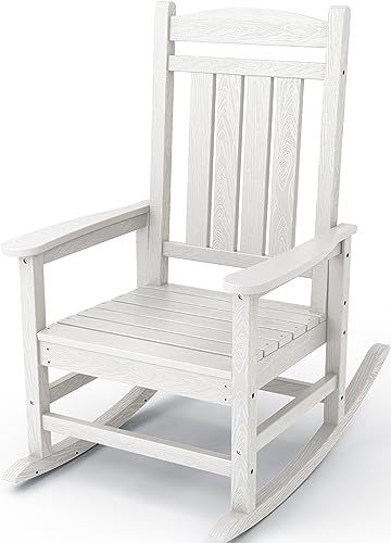KINGYES HDPE Rocking Chairs Outdoor, Patio Rocking Chairs with 330lbs Support, Smooth Porch Rocker for Deck Lawn Yard, White