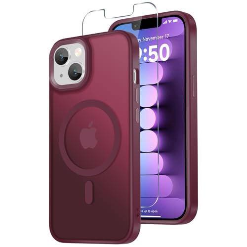 CASEJEEN for iPhone 14 Case, iPhone 13 Case, with 1 Screen Protector, Compatible with MagSafe, Magnetic Matte Slim Phone Cover, Translucent Frosted Back Shockproof Protection Bumper, Wine Red