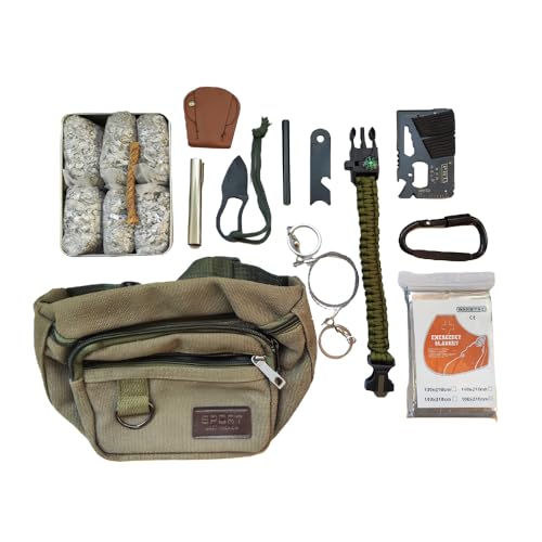 Emergency Fire Stater 6 Bags Magnesium Ferro Striker Saw Wire Multi Purpose Tool Blanket Wax Rope Camping Hiking Bushcraft + 1 Free Tin Can (Mg + FerroStriker + Knife + Saw + Blanket + WaxRope)