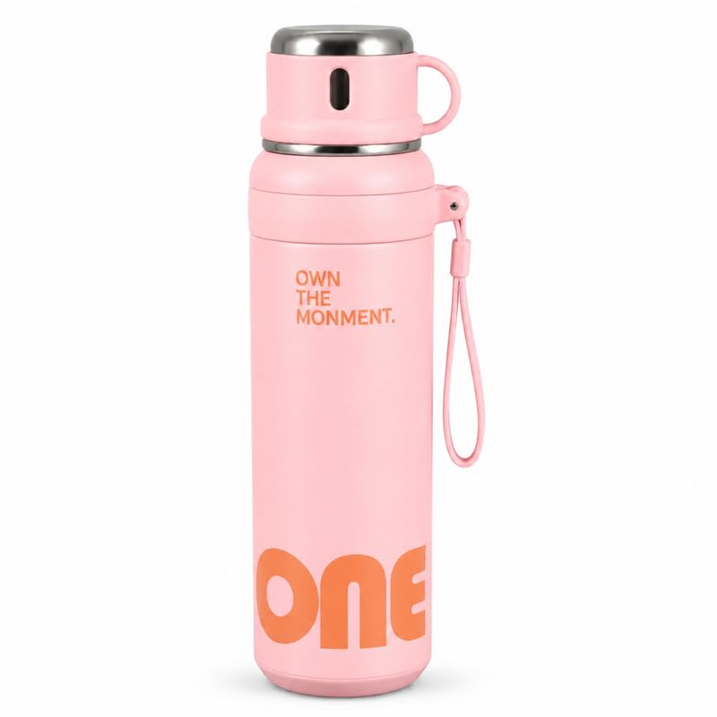 Image of Homero Premium Steel Bottle 1 Litre 1 L, Stylish Water Bottle with Cup & Straw, Leak Proof Elegant Design for Women, Office, Gym, School, College & Travel Use - Soft Pink