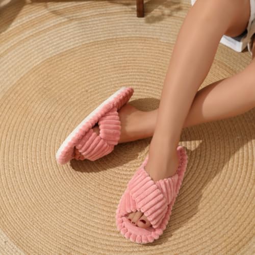 Slippers for Women Corduroy Cross Band Strap Open Toe Bedroom Comfy Anti-Skid House Slide Shoes3