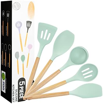 Kitchen Utensils Set, 5 Pcs Non-Stick Silicone Kitchen Cooking Utensils with Wooden Handle, Kitchen Spatula Cookware Utensils Set, Heat Resistant Silicone Kitchen Gadgets (Light Green)