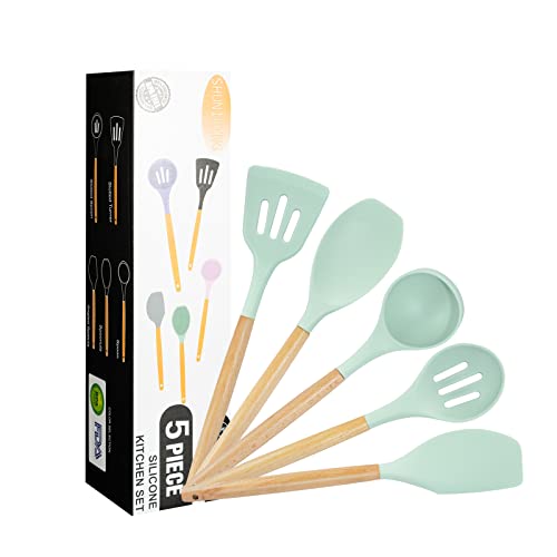 Kitchen Utensils Set, 5 Pcs Non-Stick Silicone Kitchen Cooking Utensils With Wooden Handle, Kitchen Spatula Cookware Utensils Set, Heat Resistant Silicone Kitchen Gadgets (Light Green) #TOP22