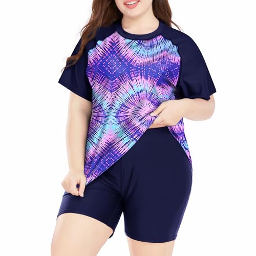 Davena Women's Plus Size 2 Piece Rash Guard Short Sleeve Swimsuit with Boyshorts Swim Shirt UPF 50+