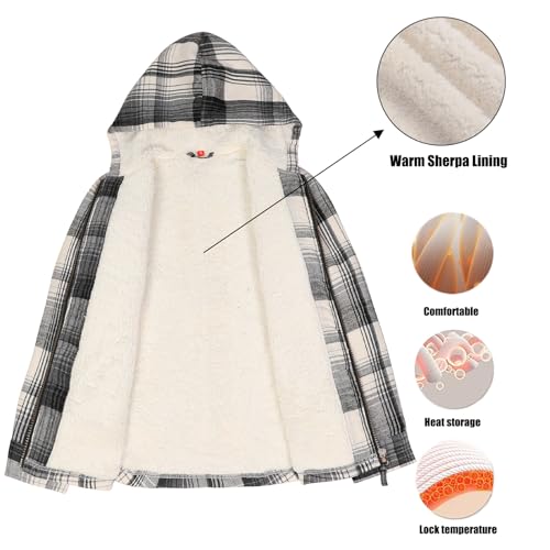 Image of ThCreasa Boys Plaid Flannel Jackets Sherpa Lined Zip Up Long Sleeve Warm Flannel Shirt with Hood