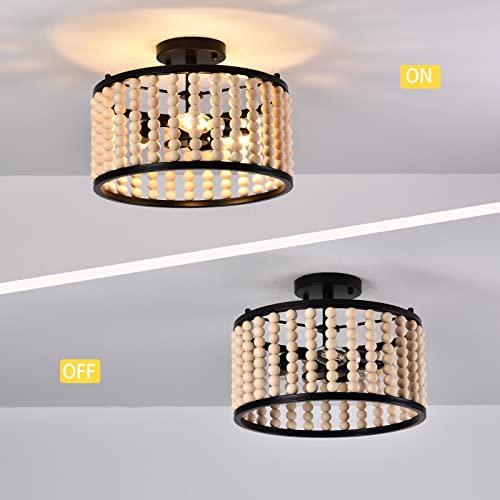 Lanhall Boho Chandelier Semi Flush Mount Ceiling Light Modern Farmhouse Wood Beaded Chandelier 3 Light Fixture For Bedroom Nursery Foyer Bathroom Laundry Kitchen Dining Room E12 Base Oak Black #TOP3