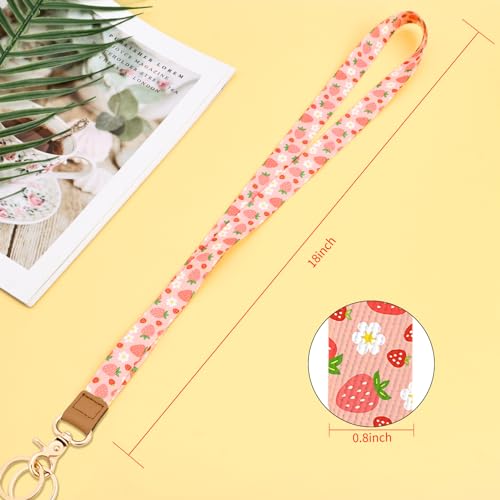 Knagsfa Lanyards for Keys, Neck Lanyards for ID Badges with Metal Hook, Cute Keychain Lanyard for Women, Strawberry Smallflower
