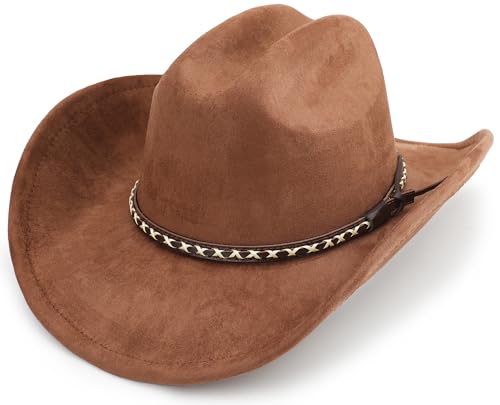 BESOOGII Western Cowboy Hat for Women and Men, Unisex Big Wide Brim Felt Hats for Cowboys and Cowgirls (US, Alpha, Large, Coffee)