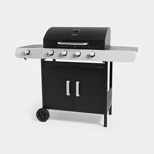 VonHaus Gas BBQ – 4+1 Burner Portable Barbecue with Warming Rack, Side Burner, Temperature Gauge, Cabinet Storage Shelf, Wheels, Gas Hose & Regulator – Steel Barbeque can Grill Meat, Fish & Veg