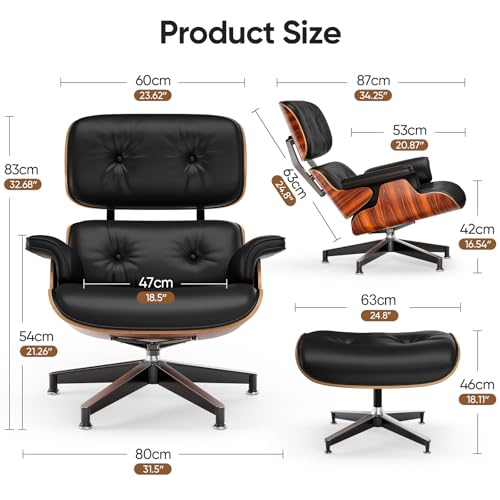 Image of Top Black PU Leather, Mid Century Chaise Lounge Chair and Ottoman, Modern Chair Classic Design, Palisander Wood, Heavy Duty Base Support for Living Room Office