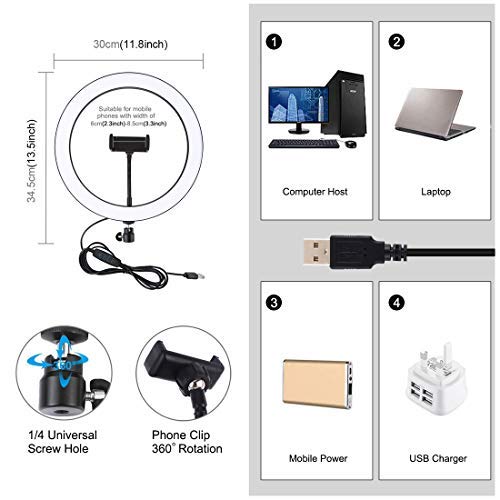 Anillo de luz de 12 Pulgadas, PULUZ USB 3 Regulable Color 10 Niveles de Brillo, LED O Ring Vlogging Selfie fotografía Video Luces para transmisión Youtube Video, Vlog, Maquillaje - imagen 3
