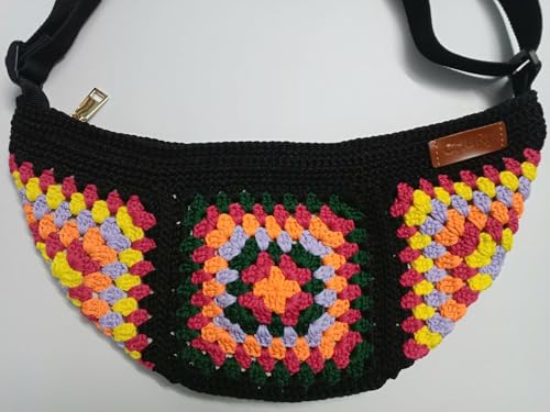 Image of Churi Handmade Checkered Crochet Tote Bag - Boho Shoulder Purse for Women, Summer Beach & Travel (Black)