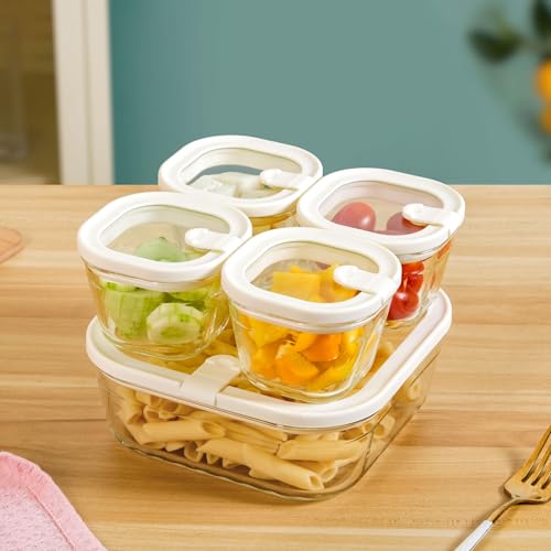 Image of Nestasia Vento Glass Containers with Lid Set of 5 (220ml x 4, 1320ml x 1) - Microwave, Refrigerator & Dishwasher Safe Containers with Air Vent Lid for Fridge Storage (Cream)