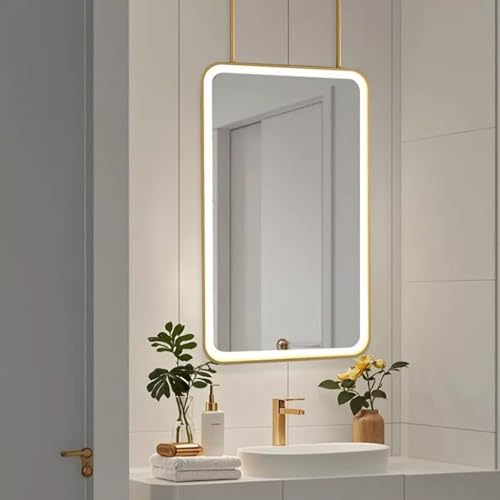 Renmlion Espejo de baño de Montaje en Techo con Varillas Dobles，Espejo de tocador con Marco de Metal Dorado，Espejos de Pared Grandes con Luces LED，Espejos Colgantes Decorativos Modernos(50cmx60cm)